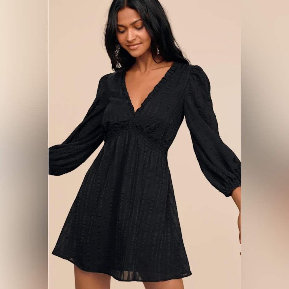 Lulus Women’s M Forever in My Heart Black Striped Balloon Sleeve Mini Dress NWT